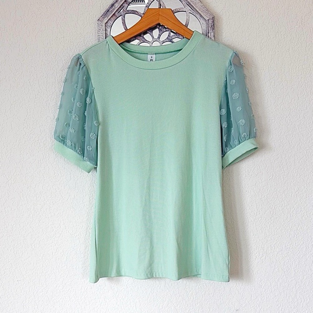 B • Mint Pastel Green Swiss Dot Sheer Puff Sleeve T-Shirt Blouse Feminine Top